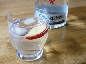 Glas gin en tonic met appelschijfje en fles Caorunn gin